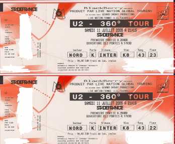 Photo: Sells Concert tickets U2 360° TOUR STADE DE FRANCE 11/07/2009 - PARIS