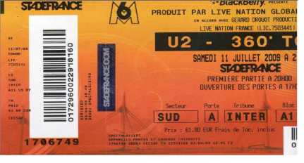 Photo: Sells Concert ticket U2 STADE DE FRANCE - STADE DE FRANCE