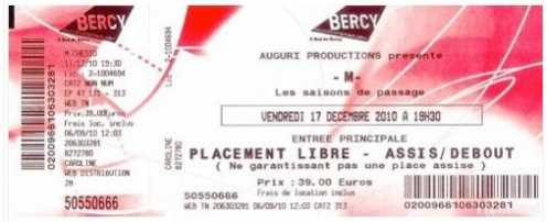 Photo: Sells Concert ticket 1 PLACE POUR LE CONCERT M (CHEDID) A BERCY LE 17/1 - ZENITH