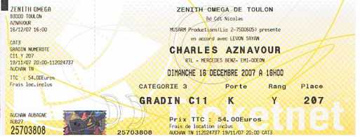 Photo: Sells Concert tickets CHARLES AZNAVOUR - ZENITH OMEGA TOULON